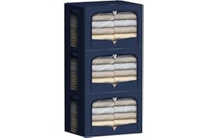 FHSQX 3 Clothes Storage Bins with Metal Frame-Foldable Storage Bin for Clothes Fabric Storage Bins with Lid＆ Clear Window Zippers＆ Durable Handles (Navy Blue, 15.7x 11.8x 11.8 Inches)