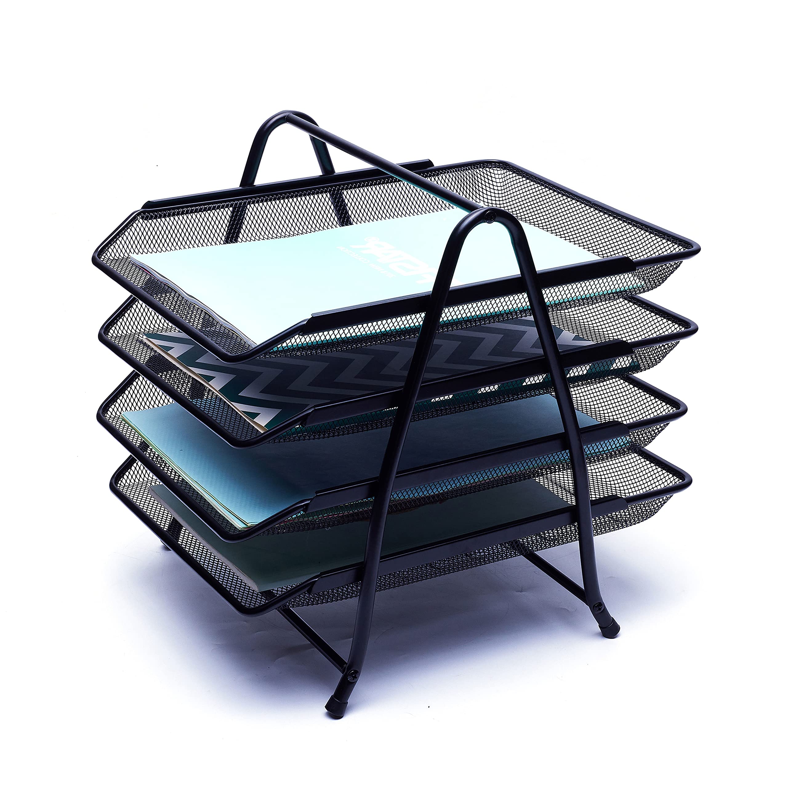 EXERZ Letter Trays 4 layers, Free Standing Paper Sorter - Desk Organiser - File Holder - Wire Mesh Metal File Rack - For Office, School, Home, Study(4 x Black)