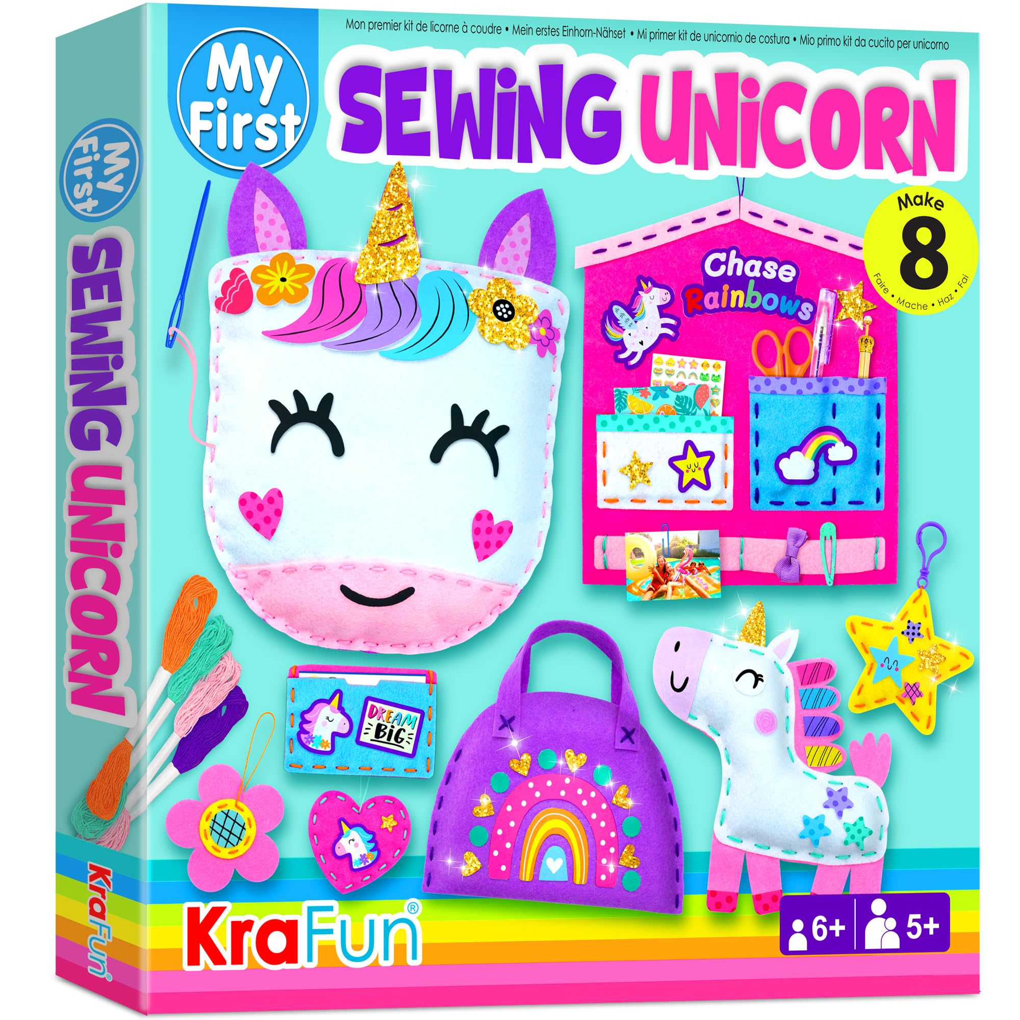 KRAFUN My First Unicorn Sewing Kit for Kids, Beginner Crafts with 5 DIY Projects (Stuffed Animal, Pillow, Mobile, Keyring, Bag), Plush Felt, Instructions, Embroidery Supplies, Pre-Punched Fabric