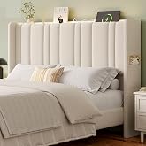 Lefurture Queen Headboard with Storage, Linen Vertical Wingback, Off White | LED Light, 2 Outlets, USB &amp; Type C Port, 2 Storage Pockets, Upholstered Head Board w/ High-Density Foam Padding