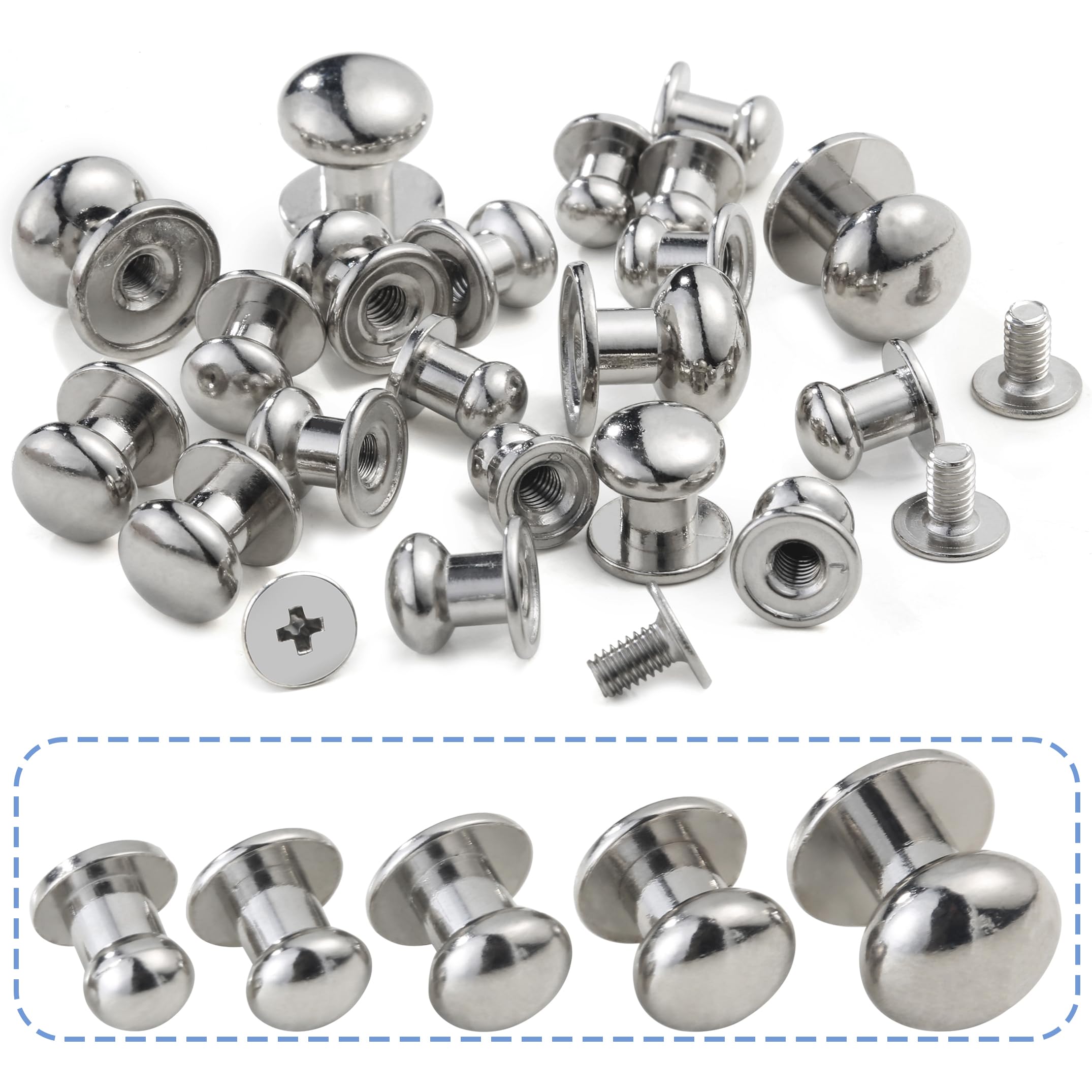 YORANYO 120 Sets Round Head Button Stud Assorted Sizes Button Screw Stud for Leather Chicago Screws Spikes and Studs Silver Leather Rivets for Repair Decorate Clothing Shoes Belts Bags Dog Collars