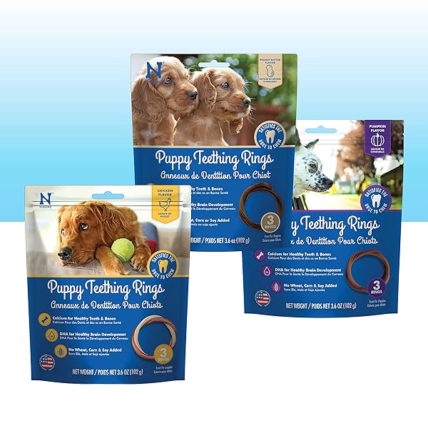 N-BONE PUPPY TEETHING RINGS 3 COUNT BAG VARIETY PACK, CHICKEN & PUMPKIN & PEANUT BUTTER FLAVOR, TOTAL 3 BAGS, 10.8-OZ, 9 RINGS