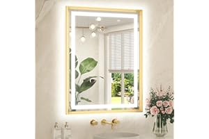 TETOTE 28 x 36 Bathroom LED Mirror Brushed Gold Metal Frame Frontlit & Backlit Vanity Mirror Anti-Fog Stepless Dimmable 3 Colors White/Warm/Natural with Lights Wall-Mounted