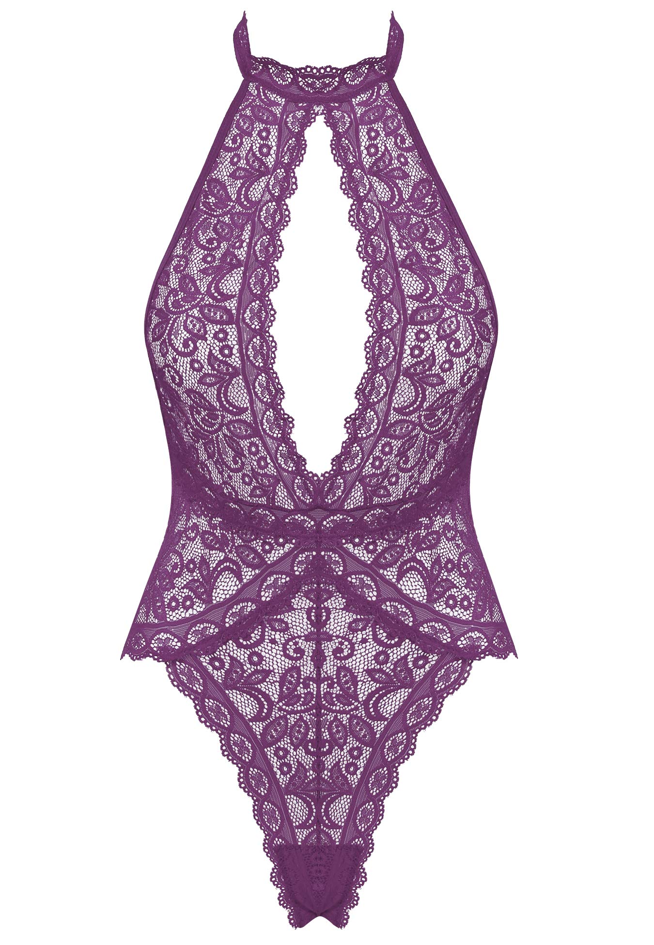 Amorbella One Piece Lingerie for Women Lace Teddy Snaps on Bodysuit(Purple,Large)