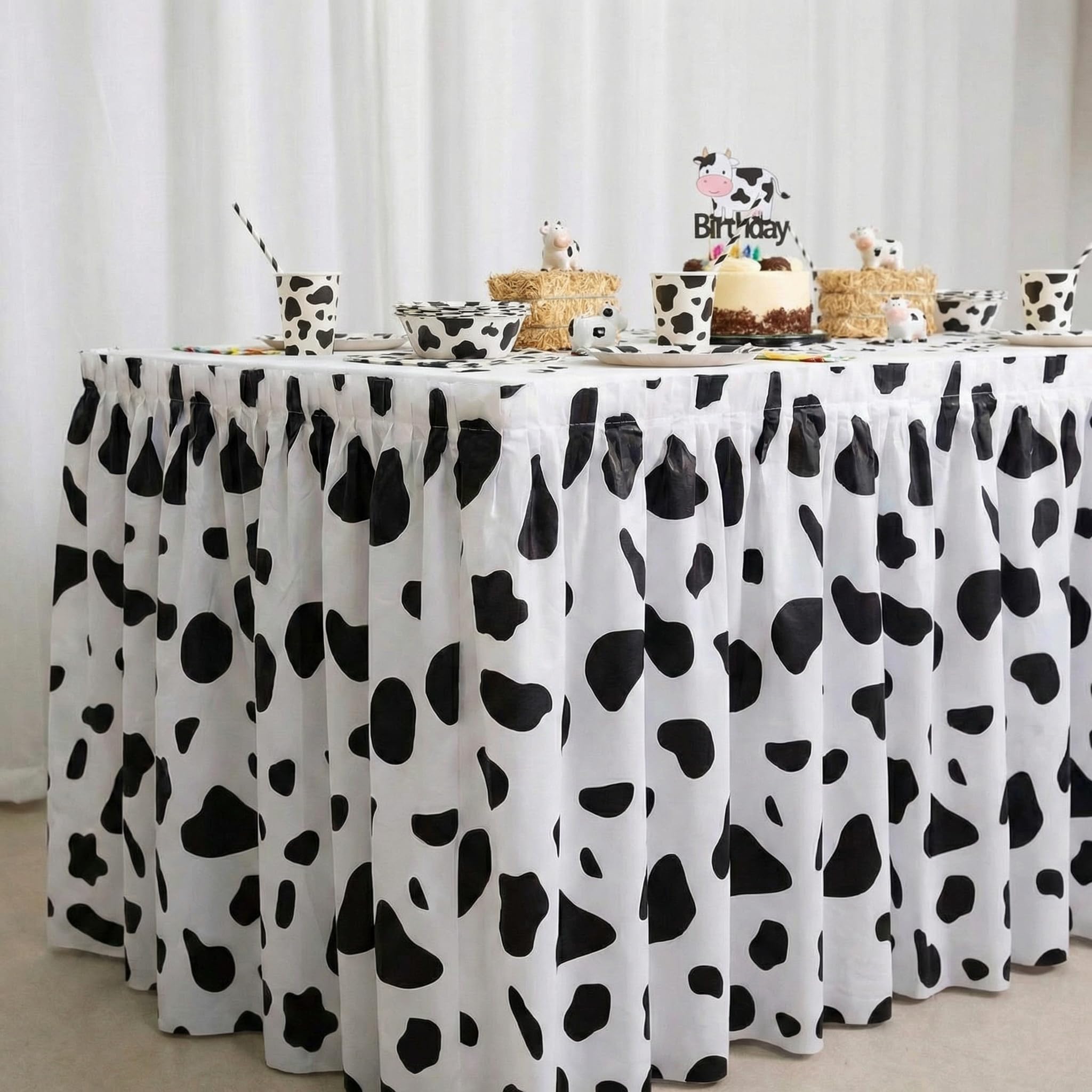 Photo 1 of 1 Pack Cow Print Table Skirts Disposable 29 in x 14 ft Birthday Party Decorations, Black and White Cowgirl Cowboy Table Skirts for Farm Animals Themed Birthday Party Supplies