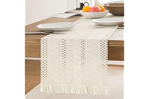 ZeeMart Macrame Style Table Runner with Short Tassels, 12x72 Inch Ivory, Farmhouse Table Runners 72 Inches Long, Boho Woven Home Decor