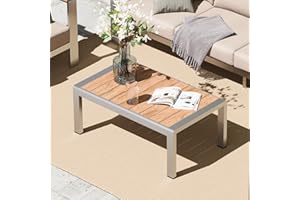 Oasbira Aluminum Outdoor Patio Coffee Table, All-Weather Patio Coffee Tables for Outside with PS Wood-Like Table Top, Modern Rectangle Coffee Table for Porch, Balcony, Deck, Yard, Sliver