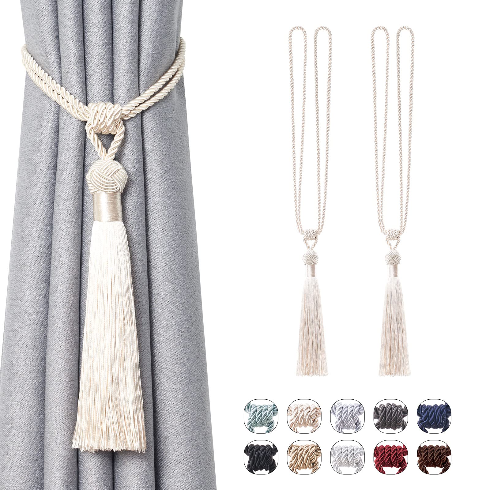 Pretty Jolly 2 Pack Long Tassel Curtain Tiebacks Handmade Braided Rope Knot Drape Tie Backs European Style Decorative Curtain Holdbacks for Home & Office Window Drapery (Beige) — image 1