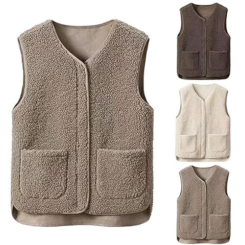 Womens Teddy Fleece Gilet V Neck Zip Up Waistcoat Casual Sleeveless Vest Tops Winter Lightweight Solid Body Warmers Ladies Cozy Outdoor Fluffy Jacket with Pockets Walking Running Brown XL