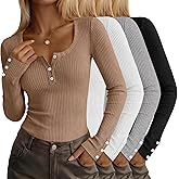 JoyMotion 4 Pack Women's Long Sleeve Henley Shirts Button Ribbed Knit Slim Fit U Neck Tops Casual Going out Tee Fall Winter