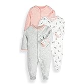 SKYTWO Baby Footie Bodysuits with Mittens - 3 Pack Infant Girls Boys Footie Rompers