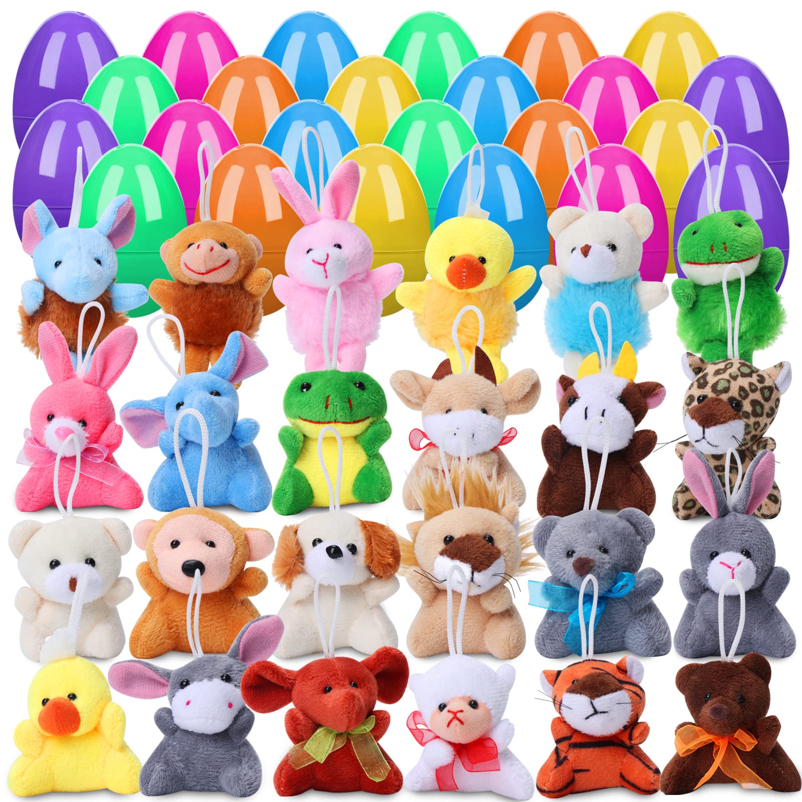 NEWBEA 24 Pcs Filled Easter Eggs with Plush Animal Toys,Plastic Easter Eggs with Toys Basket Stuffers Fillers, Classroom Prize Supplies Image