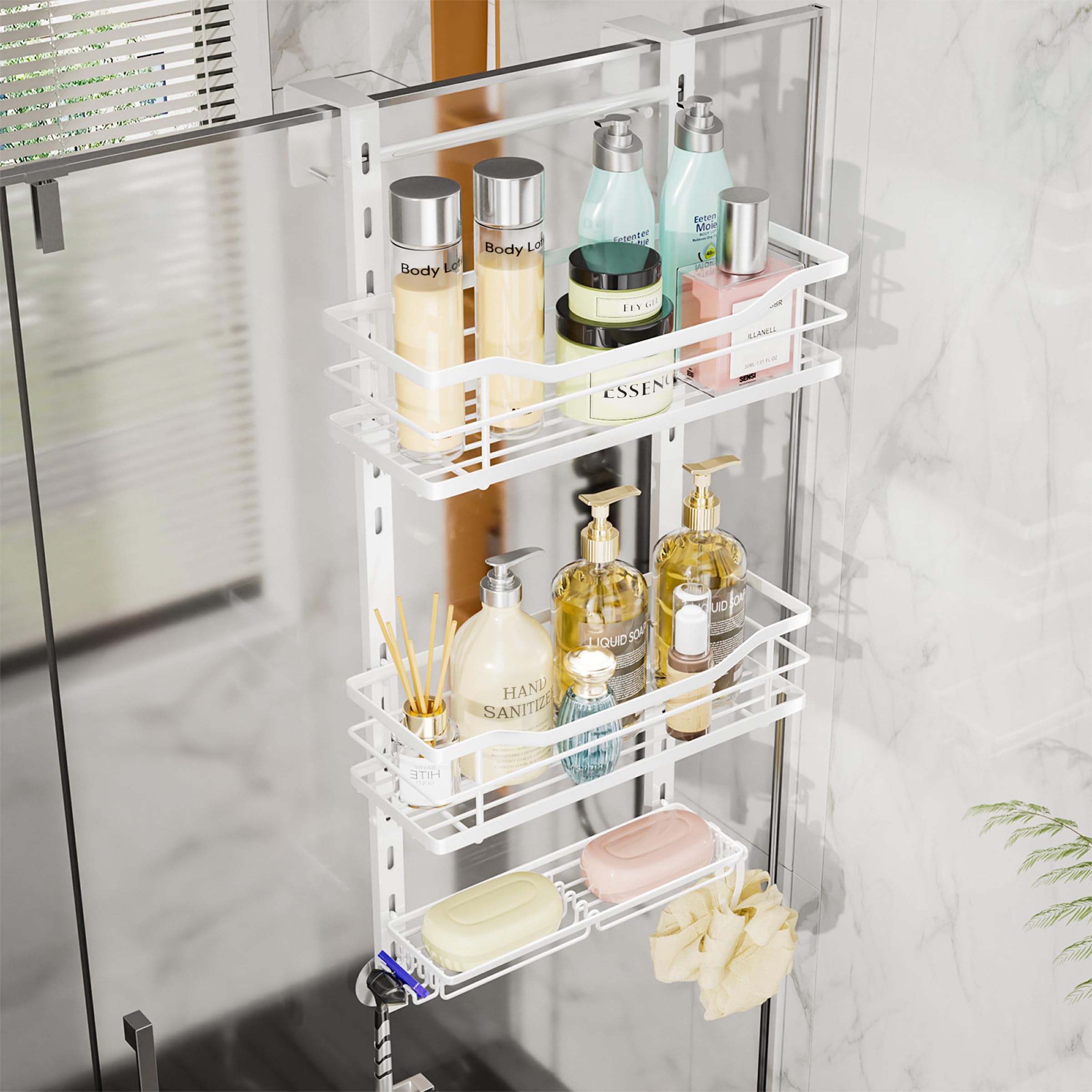 SWTYMIKI Over the Door Shower Caddy - 3 Tier Adjustable Shower Organizer Hanging with Hooks and Soap Holder, No Drilling Rust Proof Bathroom Hanging Caddy for Body Wash, Shampoo, Soap, Razor, White