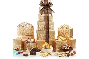 Broadway Basketeers Festive Gift Basket Tower – Gourmet Food Gifts with Chocolates, Cookies, Snacks & Treats - Christmas Gift Tower for Celebration, Birthday, Corporate & Thank You Occasions