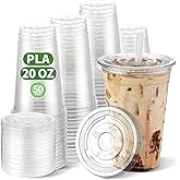 CCWOFF PLA 20 OZ Compostable Clear Plastic Disposable Iced Coffee Cups with Flat Lids, Biodegradable Cold Drinking To Go Coffee Cups for Party, Smoothie, Boba Tea, Slushy, Milkshake 50 Sets