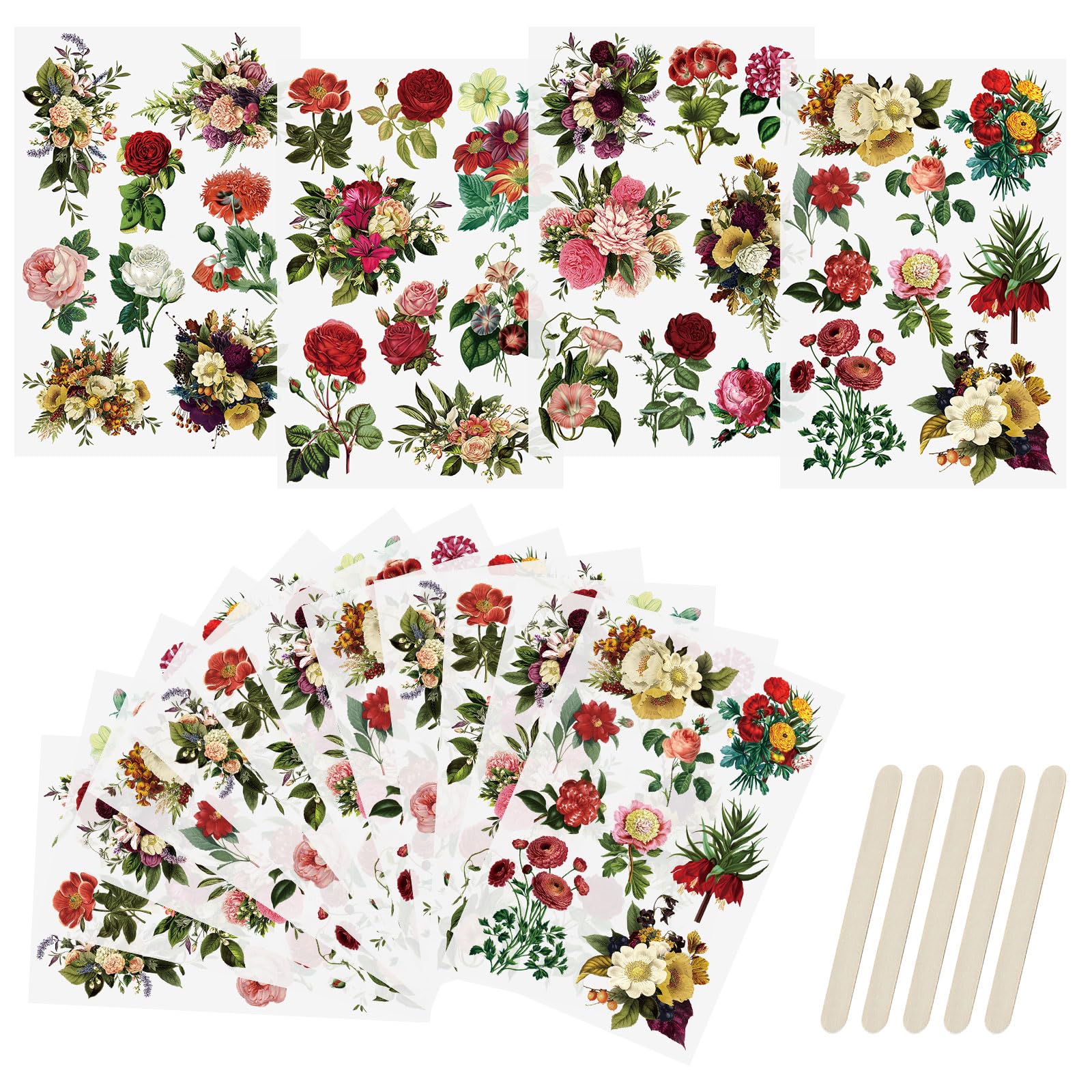 WANDIC 16 Sheets Rub On Transfer Stickers Sumptuous Retro Flower Decals Waterproof Stickers Furniture Craft Decals for DIY Scrapbooking