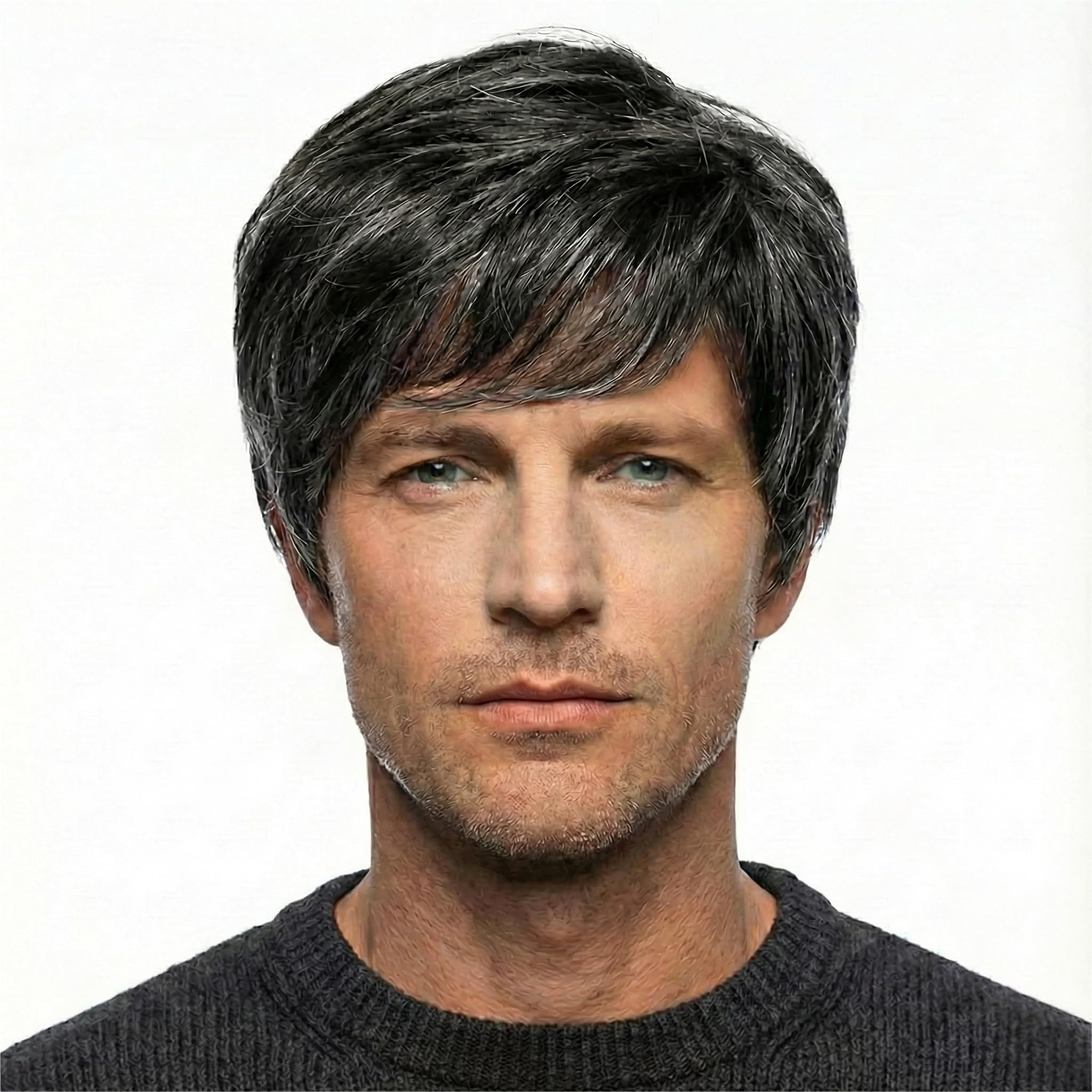 AIYLMZ Short Black Straight Synthetic Side Part Wigs for Men with Bangs Hair Toupee for Middle Aged Man Natural Stylish Fluffy Layered Wigs Men's Hairpieces (Black) โ image 1