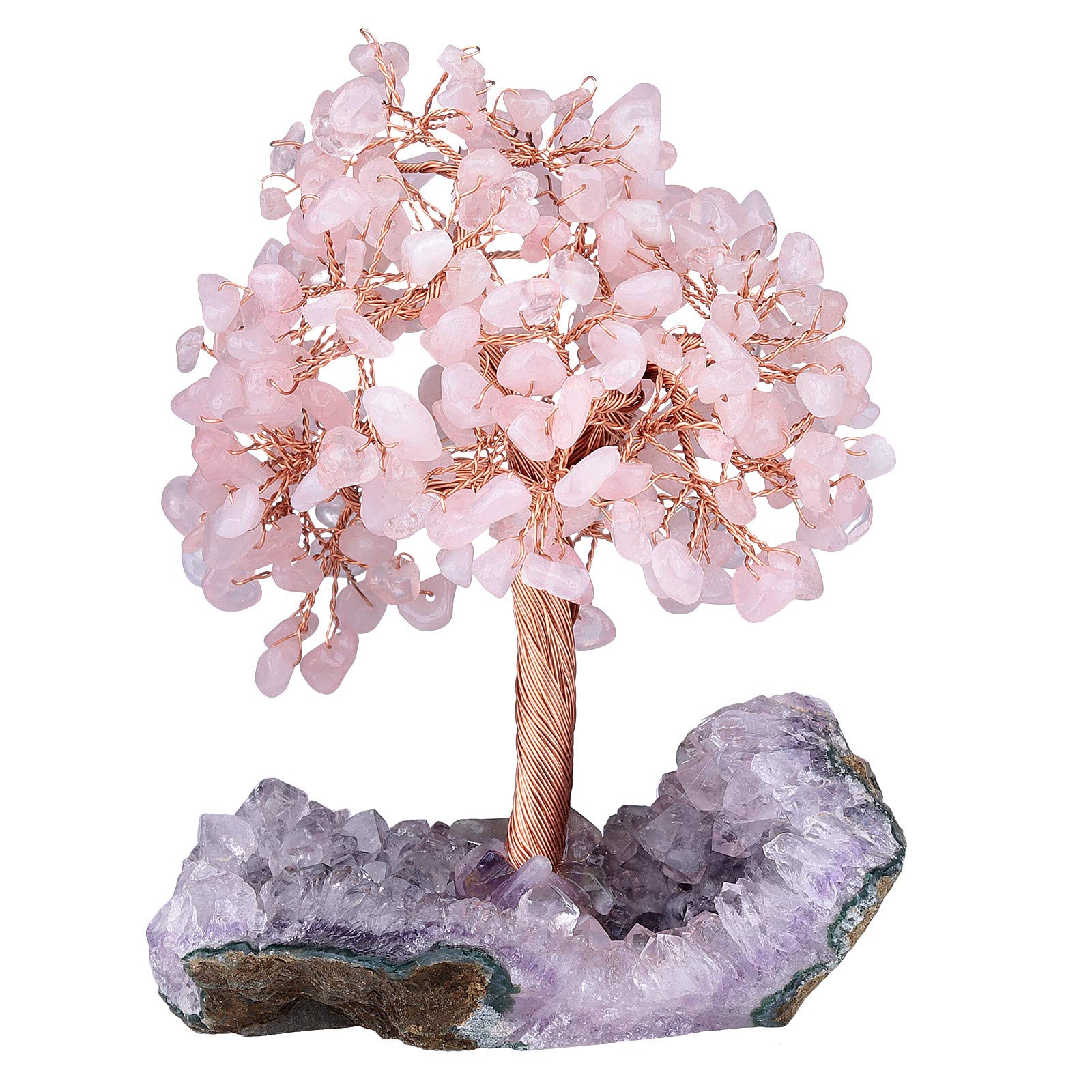KYEYGWO Healing Rose Quartz Money Tree for Good Luck Wealth, Handmade Figurine Bonsai on Natural Amethyst Cluster Base 4.5"-6" High