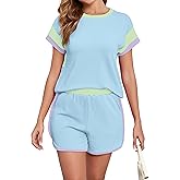 ONLYSTORY Womens Two 2 Piece Lounge Sets Texture Summer Casual Short Cap Sleeve Tops Matching Shorts Colorblock Outfits