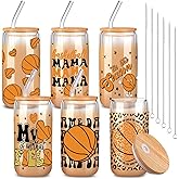 Yungyan 6 Pcs Basketball Senior Night Gifts Basketball Mom Glass Cup Bulk with Bamboo Lids and Straw 16 oz Sport Can Shaped Iced Coffee Mug Tumbler Stuff for Coach Team Players Party Favors