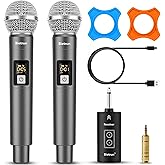 Bietrun Wireless Microphone, UHF Dual Handheld Cordless Dynamic Metal Mic Set with Rechargeable Receiver, 1/4'' Plug Output, for Karaoke, Church, Wedding, Party Singing(98 ft Range)(Auto Connect)