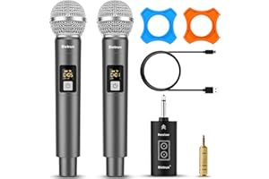 Bietrun Wireless Microphone, UHF Dual Handheld Cordless Dynamic Metal Mic Set with Rechargeable Receiver, 1/4'' Plug Output, for Karaoke, Church, Wedding, Party Singing(98 ft Range)(Auto Connect)