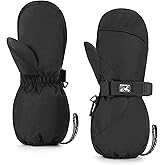 HIGHCAMP Kids Long Cuff Winter Gloves with Stay-on Strap Waterproof Mittens for Toddler Children Snow Ski