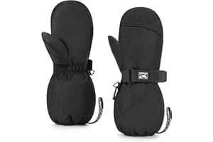 HIGHCAMP Kids Long Cuff Winter Gloves with Stay-on Strap Waterproof Mittens for Toddler Children Snow Ski