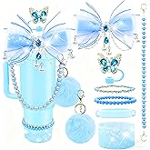 LBU Bling Stanley Cup Accessories for 40&30&20 Oz Tumbler Including Diamond Bow Straw Topper, Stanley Bracelets Charms, Butterfly Straw Cover Cap, Pearl Handle Strap, Silicone Boot, Pom-Pom (Blue)
