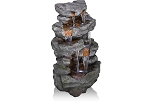 Alpine Corporation 39" Tall Outdoor Cascading Stone Water Fountain with LED Lights