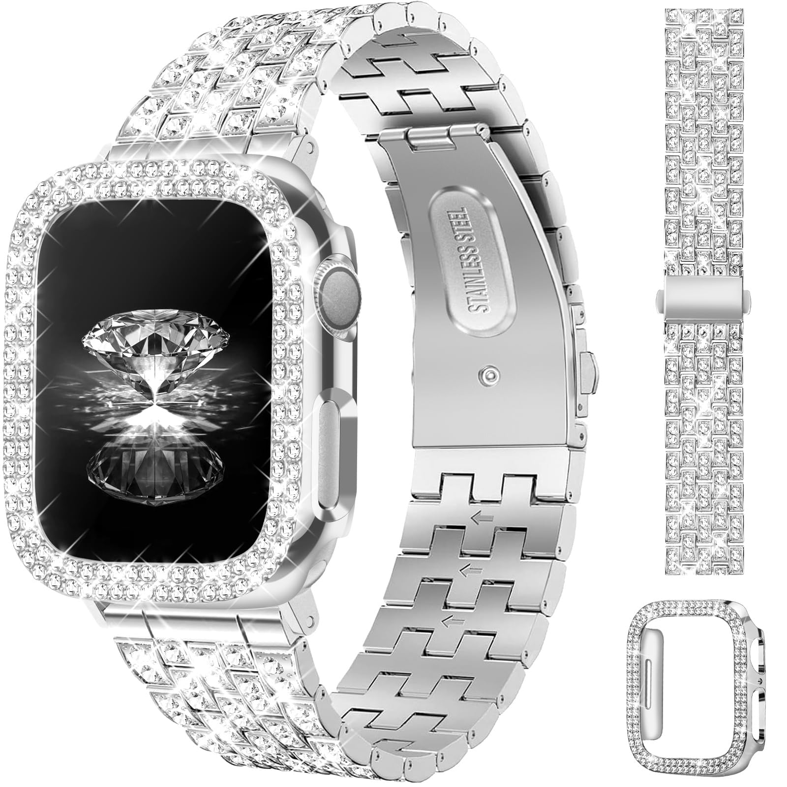 Photo 1 of JR.DM Diamond Bands with Bling Case Women Compatible with Apple Watch 44mm Dressy Luxury Rhinestone Jewelry Metal Bracelet Wristband with Protector Cover for iWatch Series 6/5/4/SE Silver