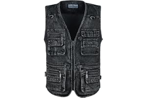 LUSI MADAM Men's Zipper Multi Pockets Casual Vest Outdoor Travel Fishing Hunting Photo Utility Work Cargo Vests Denim Black