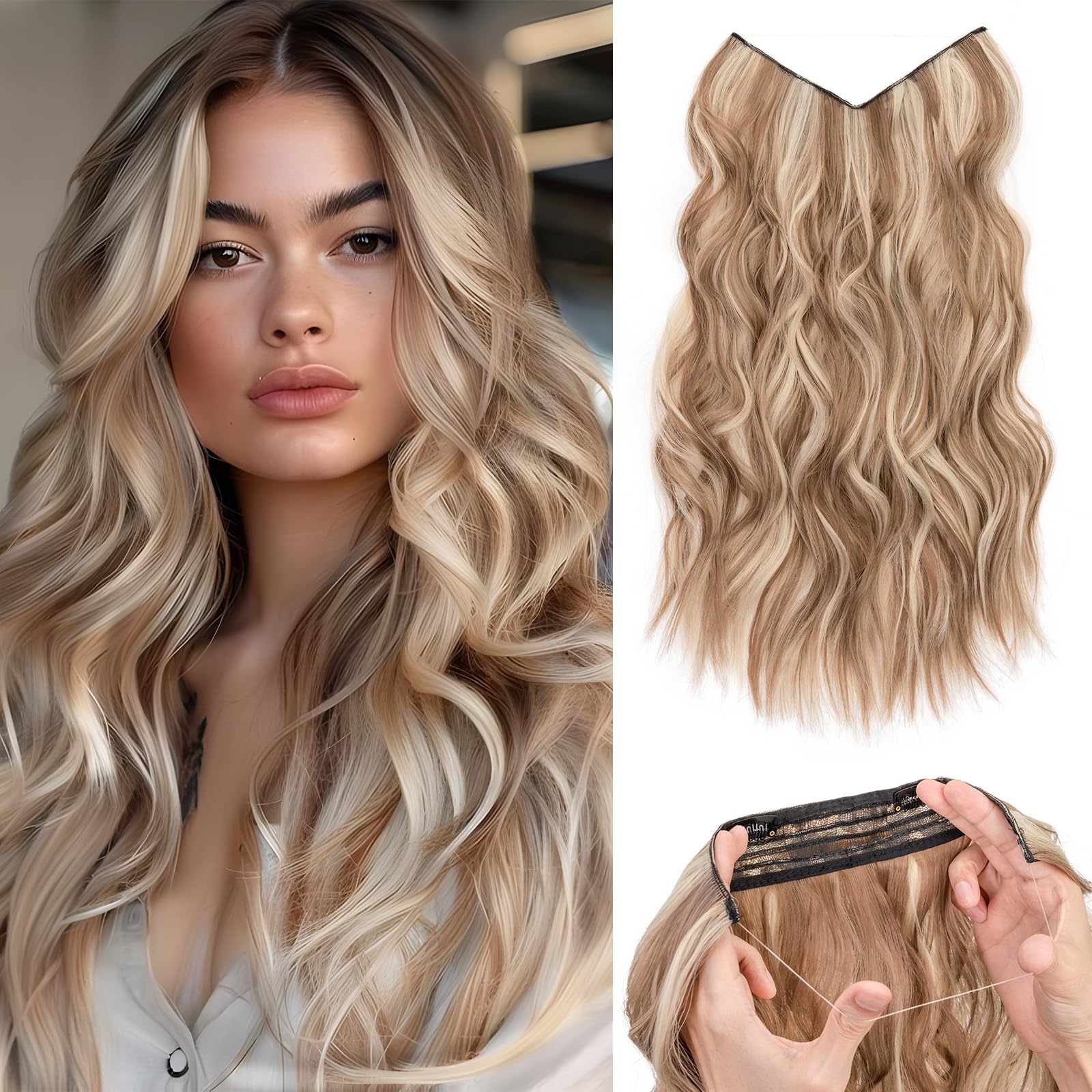 Benehair Invisible Wire Hair Extension 16 Inches Secret Wire Hair Extension with 4 Secure Clips Synthetic Hair Piece Long Wavy Hairpieces for Women, with 1 Comb Light Brown Highlighted Blonde #18TP88B