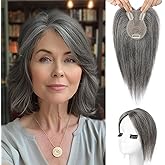 Flufymooz 100% Real Human Hair Toppers for Women, 10 Inch Clip in Human Hair Topper for Thinning Hair, 360°3D Cover Clip in Bangs Natural Hairpiece -Silver Gray With Brown Mixed