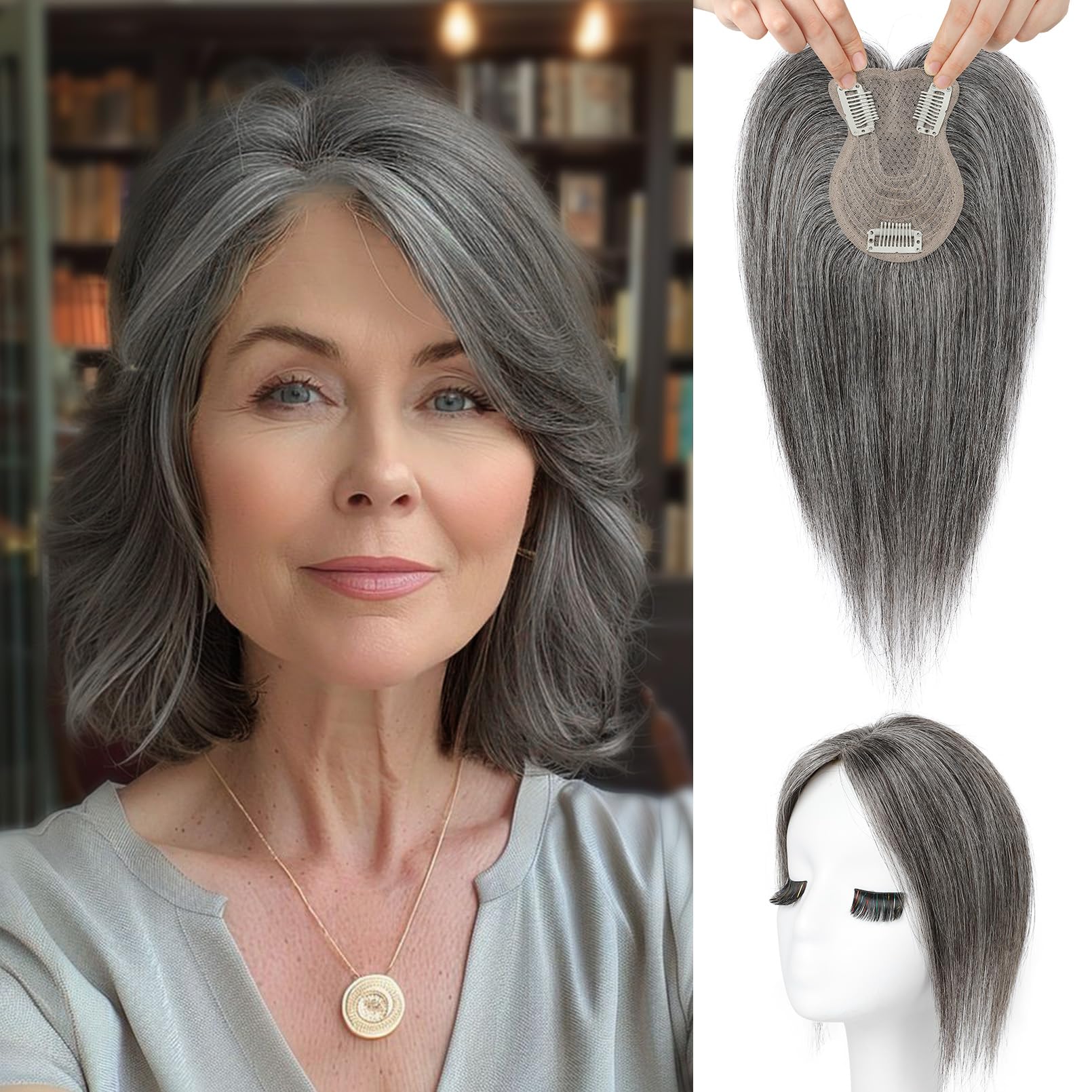 Photo 1 of Flufymooz 100% Real Human Hair Toppers for Women, 10 Inch Clip in Human Hair Topper for Thinning Hair, 360°3D Cover Clip in Bangs Natural Hairpiece -Silver Gray With Brown Mixed