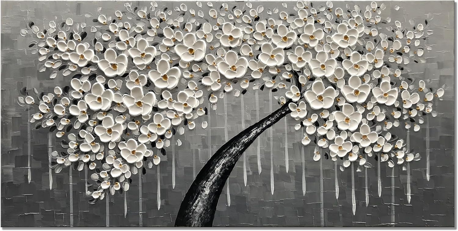 Paintings - zoinart Handmade 3D Flower Canvas Wall Art Abstract Wall Paintings 48x24 Inches White Floral Texture Grey Artwork Large Modern Contemporary Art for Home Decorations Living Room Bedroom