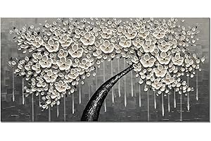 zoinart Hand-painted 3D Oil Paintings on Canvas Wall Art 48x24 Inches Abstract White Floral Textured Grey Artwork Large Modern Contemporary Wall Art for Living Room Bedroom
