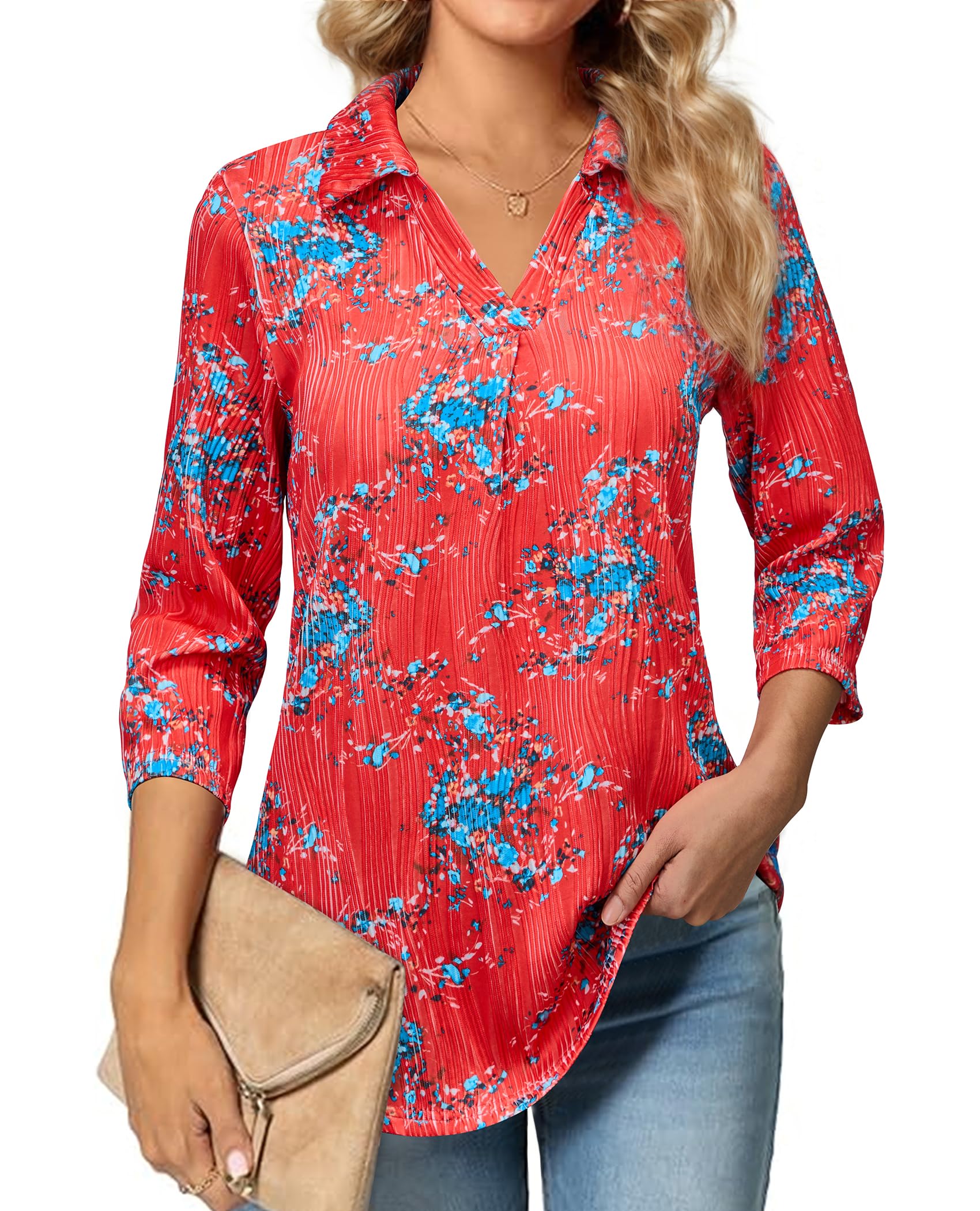 Photo 1 of 3/4 Sleeve Professional Blouses for Women 2025 Long Sleeve Tops Dressy Casual Elegant Fancy Tops Weddings Summer Fashion Special Occasion Cute Classic Soft Attire Red Floral XX-Large