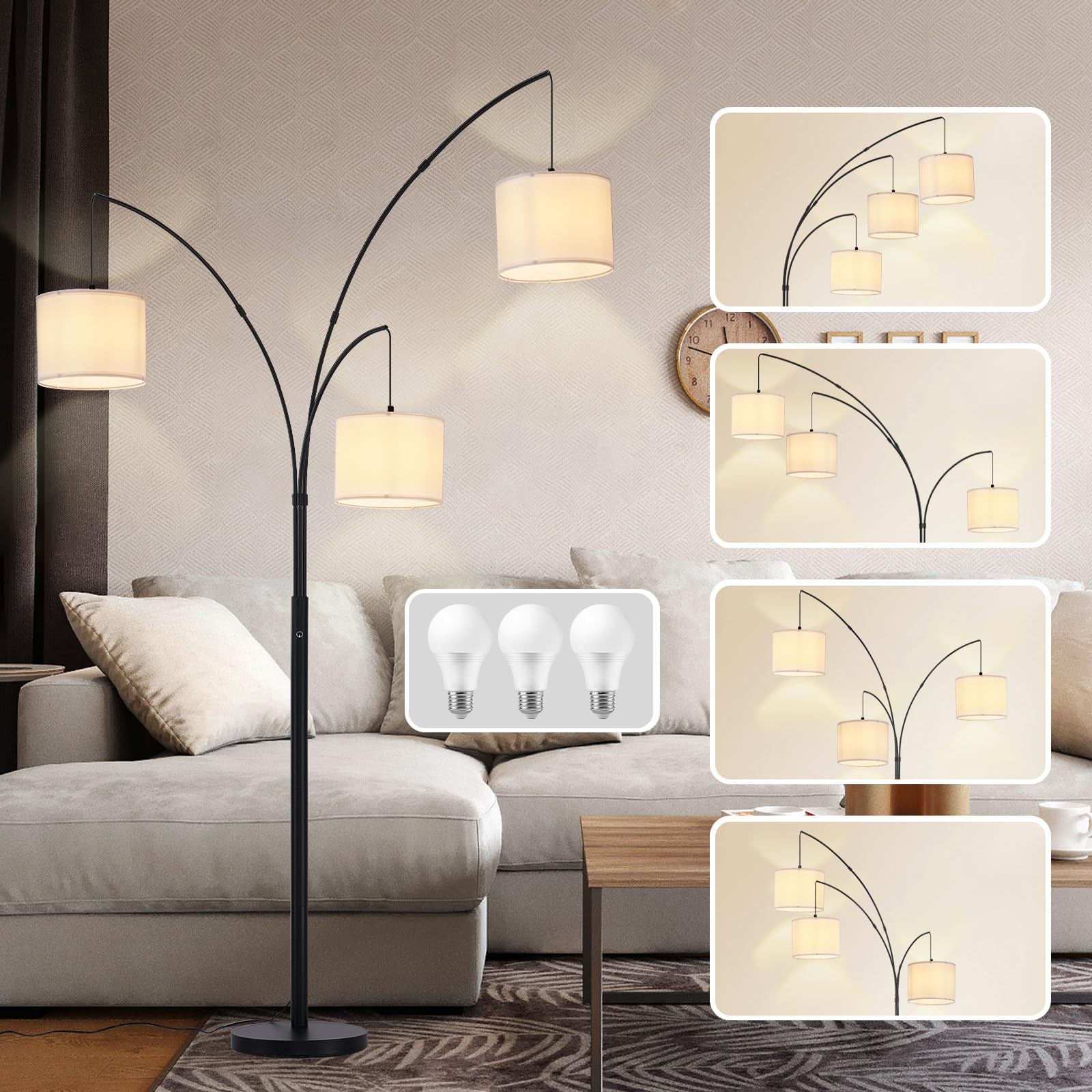 Photo 1 of DLLT Modern Floor Lamp for Room: 3-Light Black Tree Dimmable Floor Lamps with White Shades for Living Room - Arc Standing Lamp for Bedroom - Tall Floor Lamp for Office Corner 3 LED Bulbs Included
