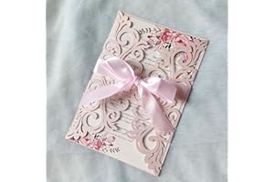 GENERIC 25PCS Blush Pink Laser Cut Wedding Invitations Cards with Envelopes,Blank Inner Sheets,Ribbons for Wedding Bridal Shower Quinceañera Engagement Birthday Invites