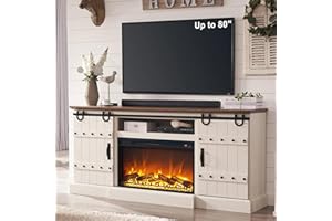OKD 70" Fireplace TV Stand for 75+ 80 Inch TV, Farmhouse Highboy Entertainment Center with 30" Electric Fireplace & Sliding Barn Doors, Rustic Tall Media Console Cabinet for Living Room, Antique White