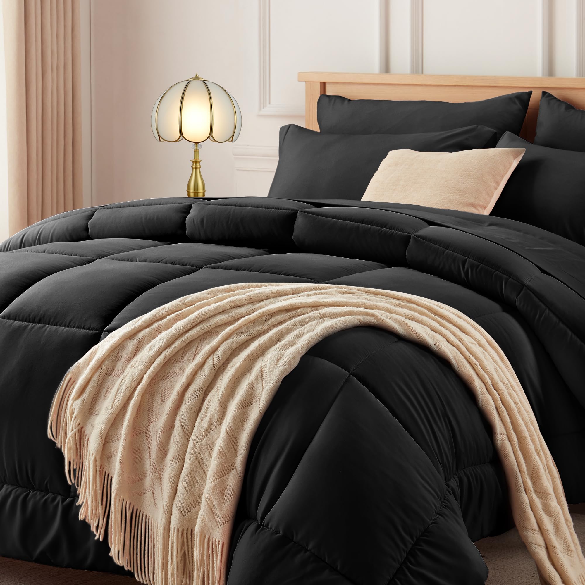 Newspin Full Comforter Set Black - Bed in a Bag Full Size 7 Pieces, All Season Bed Set, Fluffy Comforter Set with Sheets, Sheet Set Quilt Blanket, Pillowcases & Shams Image