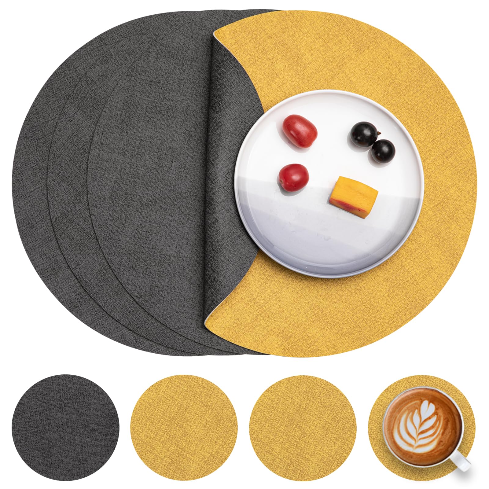 Myir JUN Leather Placemats and Coaster Set of 4, Table Mats Round Waterproof Dual Sided Kitchen Place Mats Coffee Mats Heat Resistant Placemat Non-Slip Washable (set of 4, Grey Yellow)