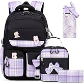 ACESAK Backpack for Girls with Insulated Water Bottle, Bow Tie Plaid Bookbag for Girls Kids, 14oz Termos Kids Water Bottle Stainless Steel, Lunch Bag &amp; Pencial Case, Back To School Gift (Black Purple)