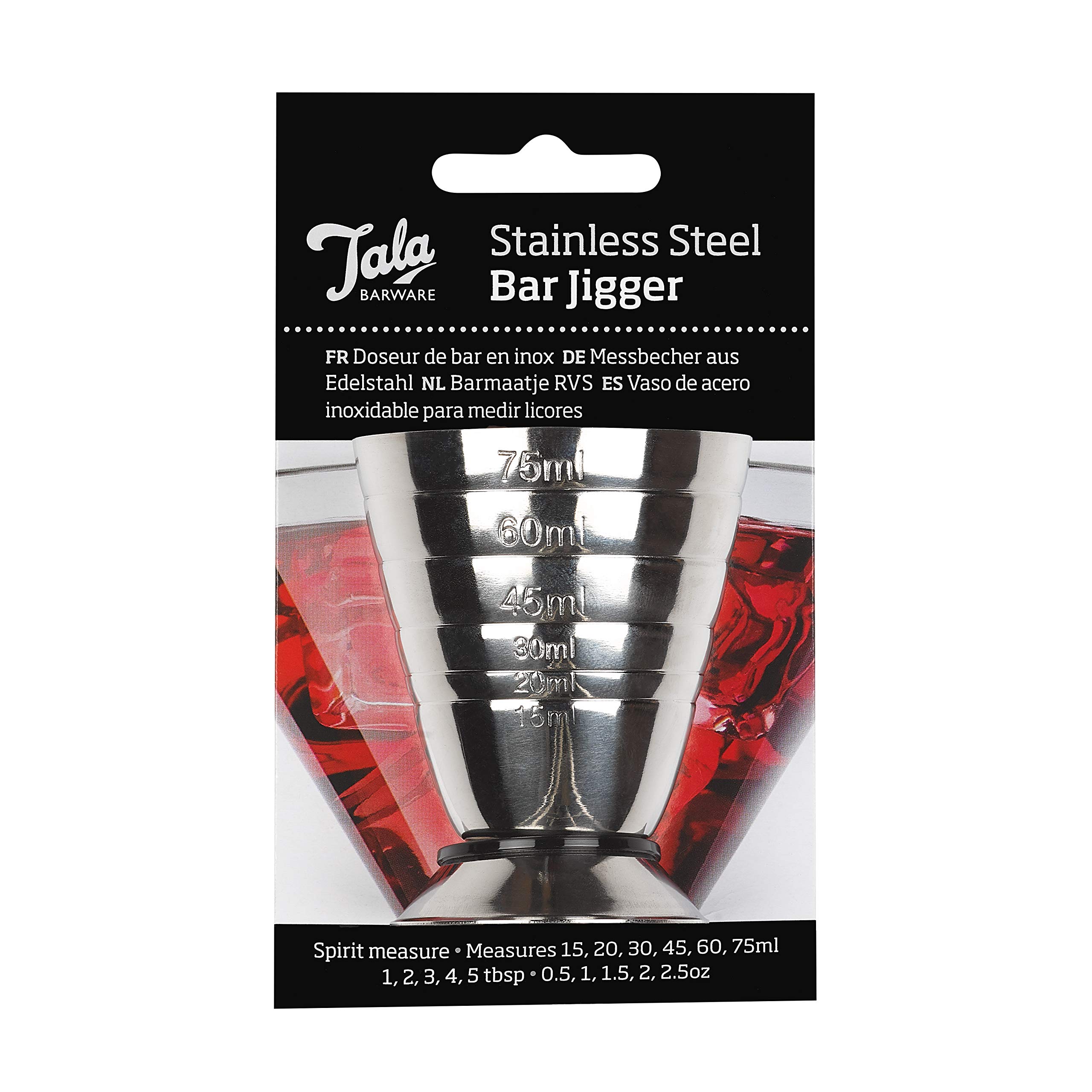 Tala Stainless Steel Cocktail Jigger, Measures 15ml, 20ml, 30ml, 45ml, 60ml and 75ml and Ideal for Pouring Sprits and Making Cocktails, Made with Stainless Steel and Dishwasher Safe