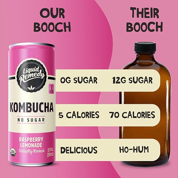 LIQUID REMEDY KOMBUCHA SUGAR FREE ORGANIC DRINK, LOW CALORIE, PROBIOTIC LIKE TEA FOR GUT HEALTH – RASPBERRY LEMONADE – 8.5 FL OZ CAN, 12-PACK