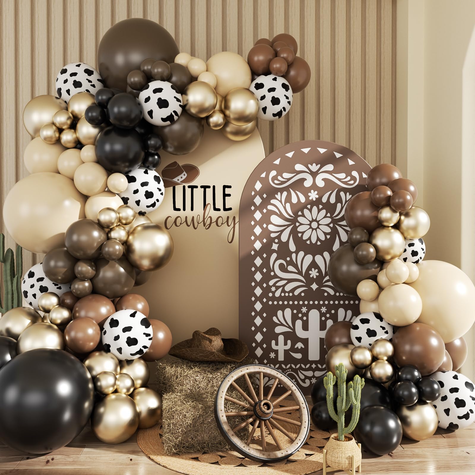 JOYFLOAT Western Cowboy Brown Balloon Garland Arch Kit, Neutral Gold Dusty White Cow Print Balloons for Baby Shower, Birthday, Farm, Wild Western Party Decoration
