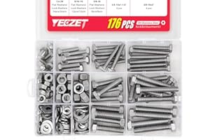 YEEZET 176PCS Heavy Duty Bolts and Nuts Assortment Kit, 304 Stainless Steel, Includes 9 Most Common Sizes (1/4-20, 5/16-18, 3/8-16)