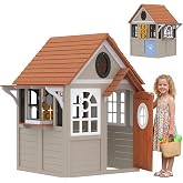 Qaba Outdoor Playhouse Wooden Kids Playhouse with Dog Door Ages 2+ Gray | Kids Cottage, Cookware, Blackboard, Clock, Tic-Tac-Toe Roller, Backyard Garden, Indoor Playroom, Imaginative Play