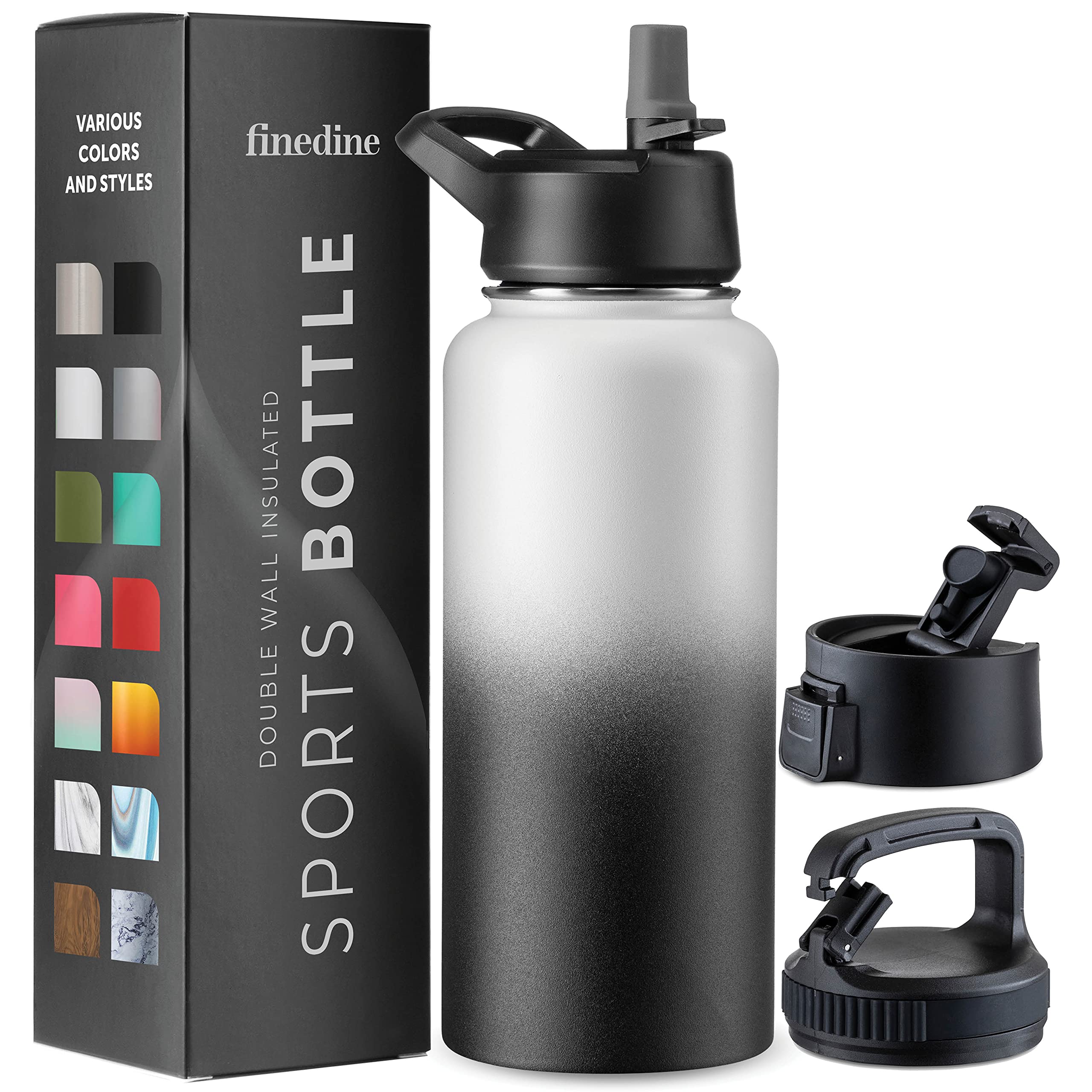 FineDine Triple Walled, Insulated Water Bottles with Straw - 32 Oz Stainless Steel Metal Bottle W/ 3 Leak Proof Lids - For Travel, School, Sports, Gym/Men, Women & Kids - Dreamy Black-White